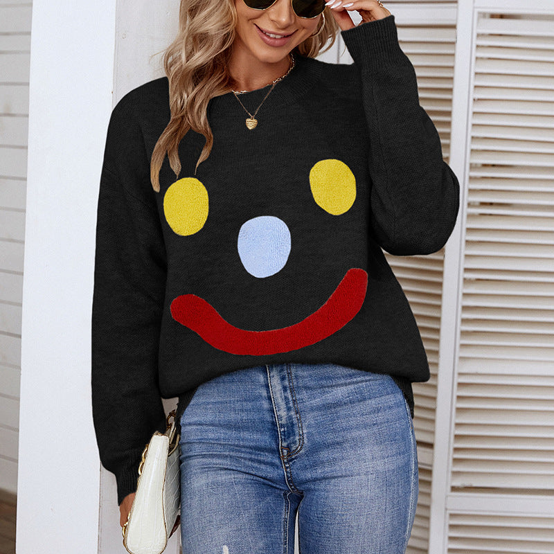 Women Sweaters Kniting Round Collar Pullover Clown Smiling Face Long Sleeve