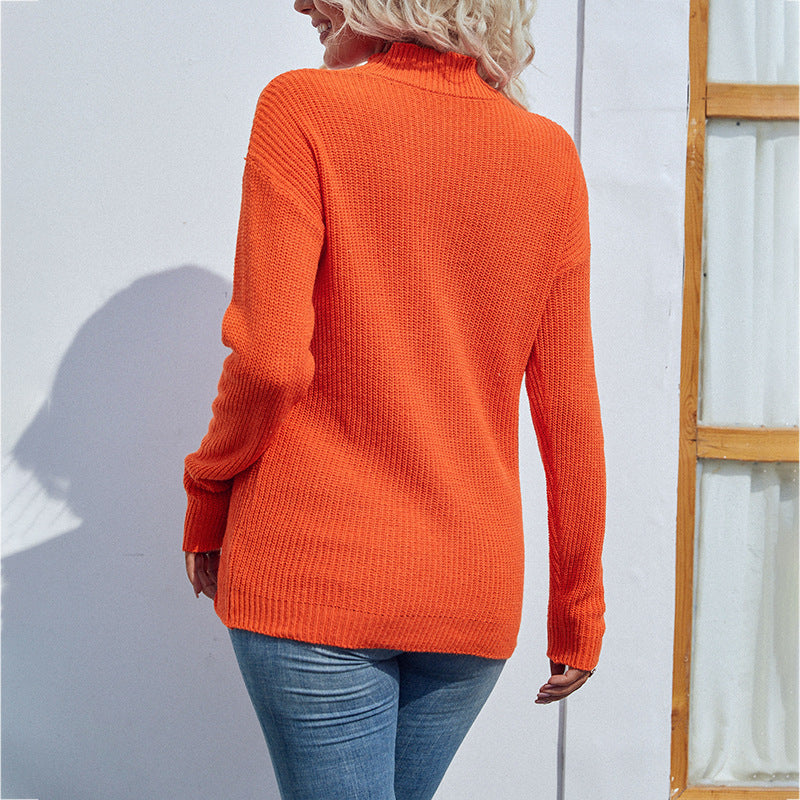 Women Sweaters Kniting High Collar Pullover Plain Off Shoulder