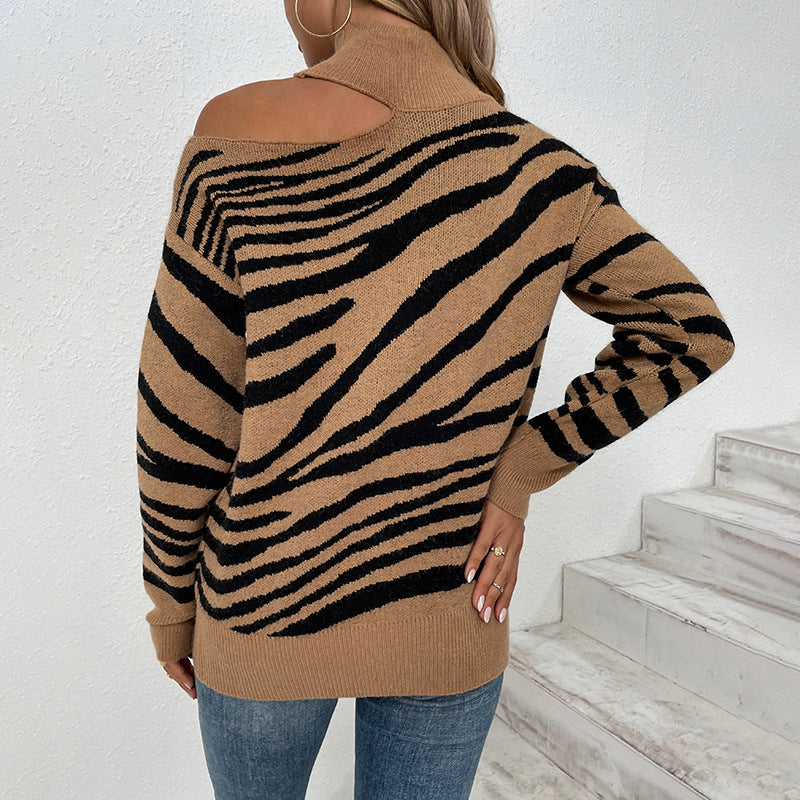 Women Sweaters Kniting High Collar Pullover Bicolor Tiger Printed Off Shoulder
