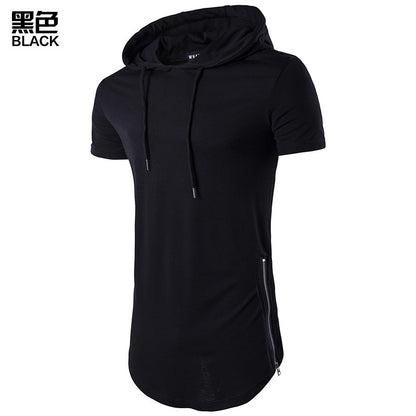 Men Short Sleeves Drawstring Hoody Long T-Shirt