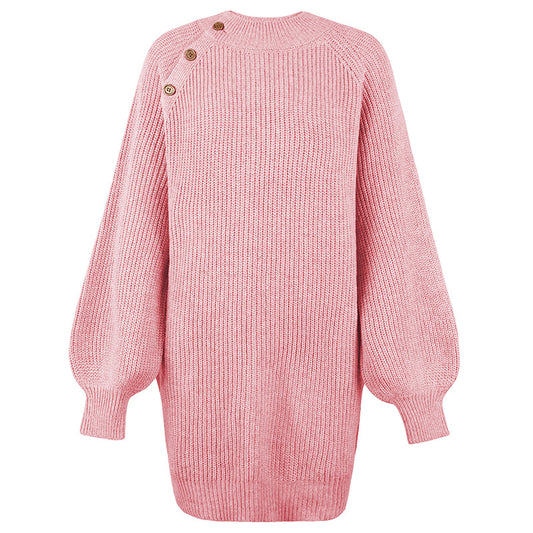 Women Sweaters Kniting Round Collar Pullover Long Buttons Skirts