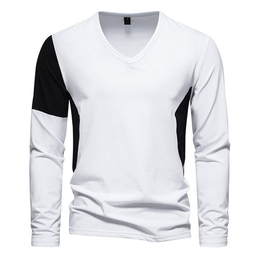 Men British Style V-Neck Bicolor Long Sleeves T-Shirt