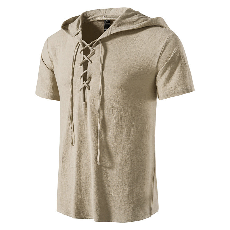 Men Tied Straps Short Sleeves Hoodie T-Shirt