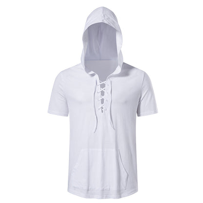 Men Short Sleeves Drawstring Hoody T-Shirt