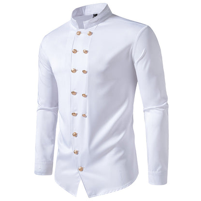 Men Turtleneck Double Buttons Long Sleeves Shirt