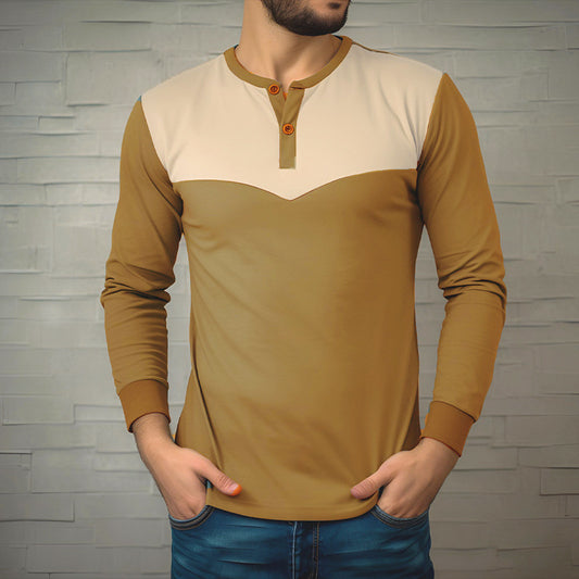 Men Crewneck Buttons Bicolor Long Sleeves T-Shirt