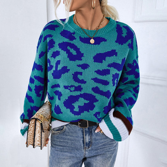 Women Sweaters Kniting Round Collar Pullover Bicolor Leopard Patterns