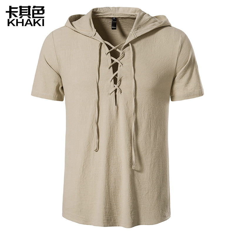 Men Tied Straps Short Sleeves Hoodie T-Shirt