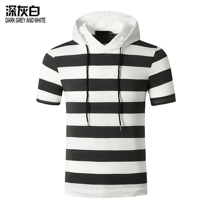 Men Slim Short Sleeves Stripes Drawstring Hoody T-Shirt