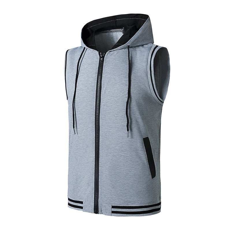 Men Sleeveless Zippers Drawstring Hoody T-Shirt