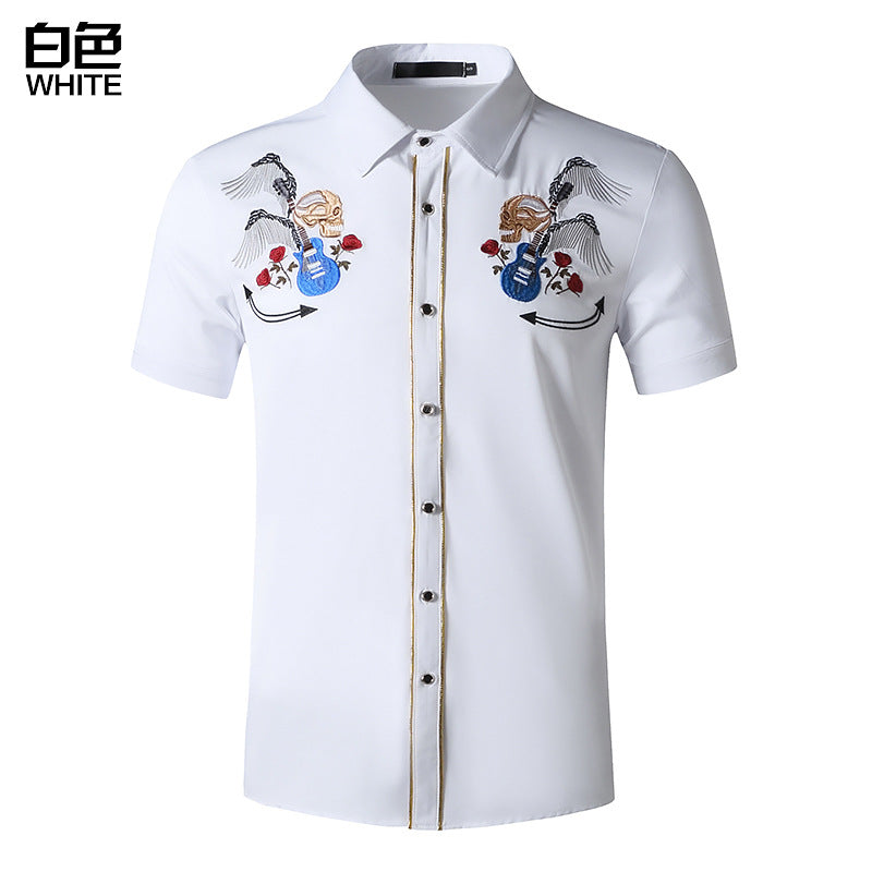 Men Turnover Collar Embroidery Skeleton Short Sleeves Shirt