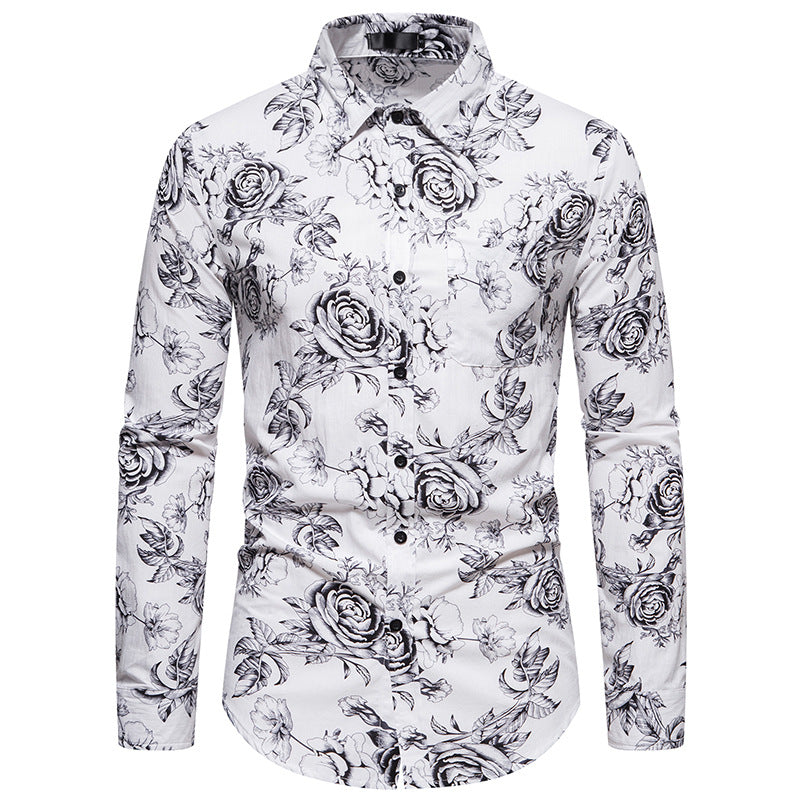 Men Turnover Collar Floral Fabric Prints Long Sleeves Shirt