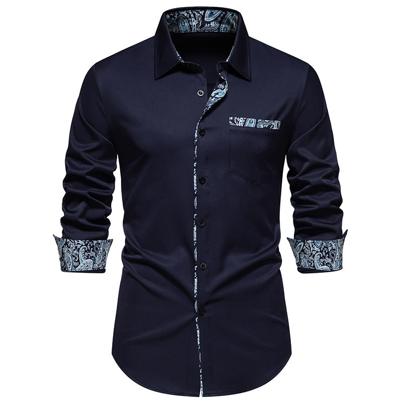 Men Bicolor Patterns Turnover Collar Long Sleeves Shirt