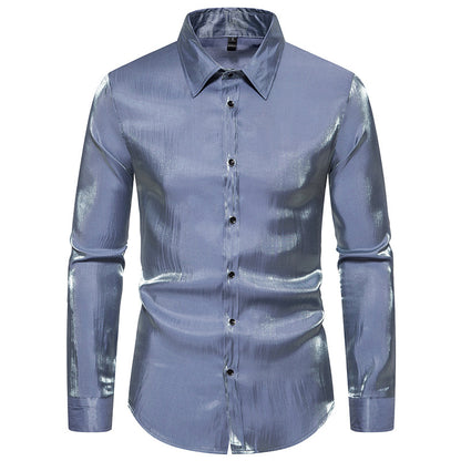 Men Turnover Collar Glossy Long Sleeves Shirt