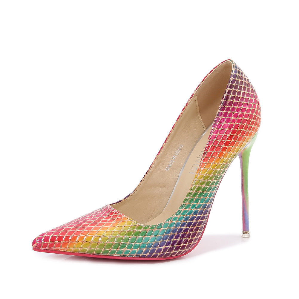 Women's Candy Color Pointed Toe Lattice Shallow Stiletto Heel Pumps