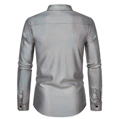 Men Turnover Collar Lattice Glossy Long Sleeves Shirt