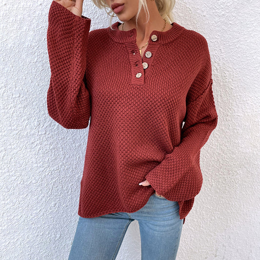 Women Sweaters Kniting Round Collar Pullover Plain Buttons