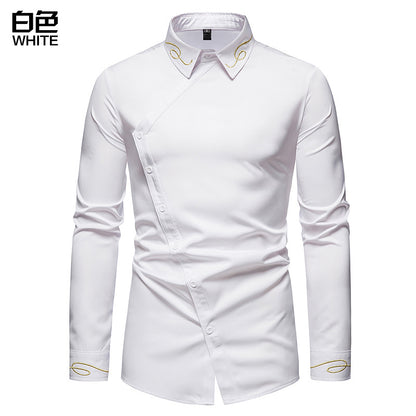 Men Embroidery Turnover Collar Asymmetry Long Sleeves Shirt