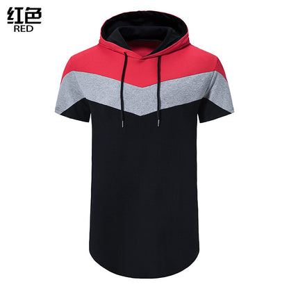 Men Patchwork Short Sleeves Drawstring Hoody T-Shirt