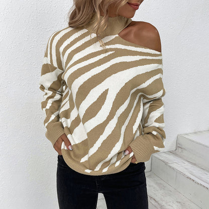 Women Sweaters Kniting High Collar Pullover Bicolor Tiger Off Shoulder Long Sleeve