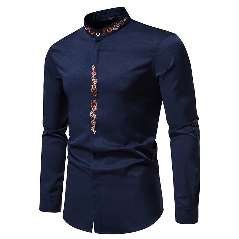 Men Embroidery Floral Fabric Turtleneck Long Sleeves Shirt