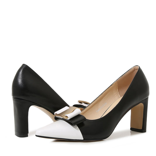 Women's Bicolor Pointed Toe Bow Tie Shallow Chunky Heel Pumps