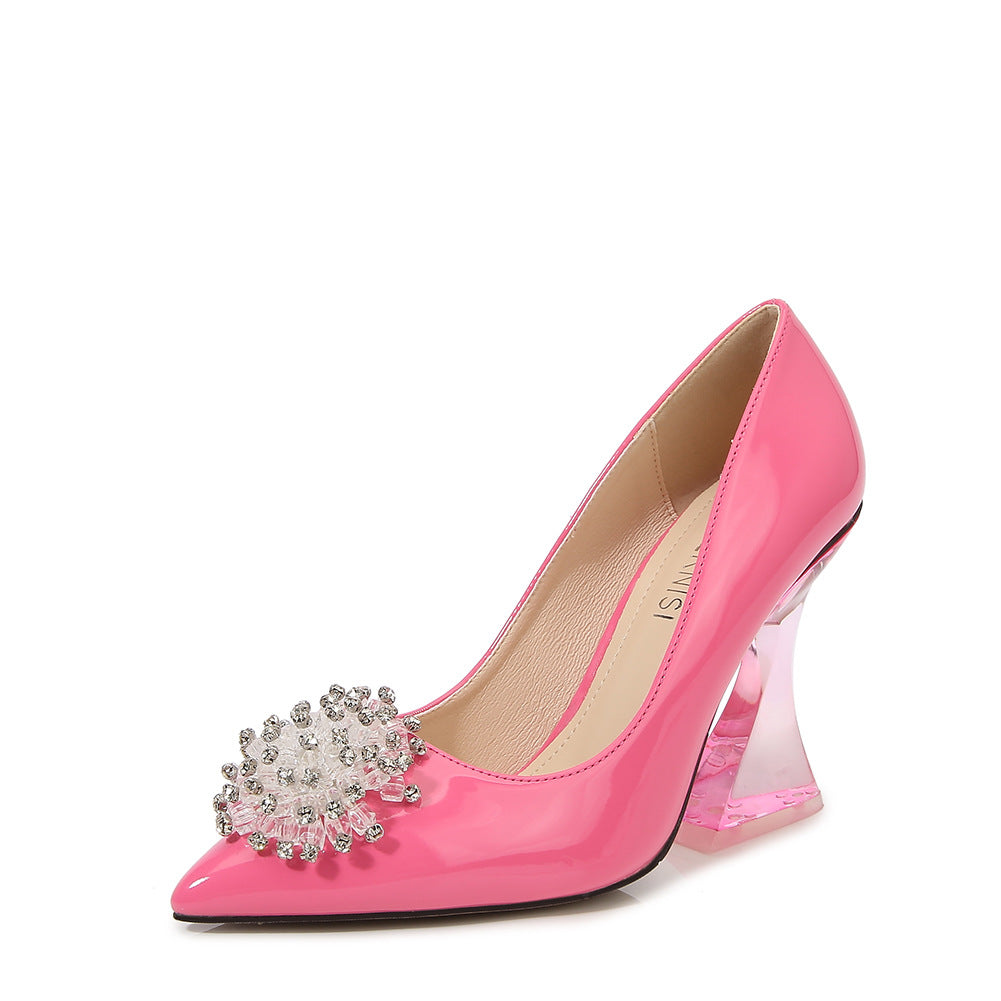 Women's Candy Color Pointed Toe Rhinestone Flora Shallow Crystal Spool Heel Pumps