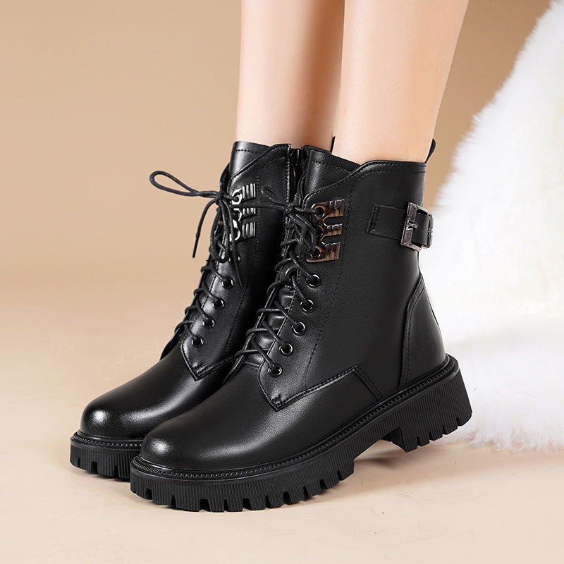 Women's Ankle Boots Warm Fluff Lace-Up Thick Sole Booties