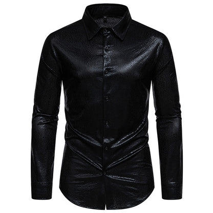 Men ʯ Patterns Glossy Turnover Collar Long Sleeves Shirt