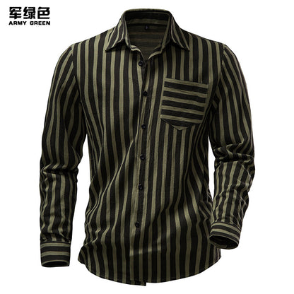 Men Turnover Collar Pockets Stripes Long Sleeves Shirt