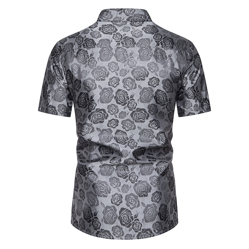 Men Floral Fabric Glossy Turnover Collar Short Sleeves Shirt