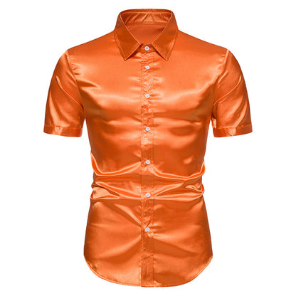 Men Glossy Turnover Collar Short Sleeves Shirt