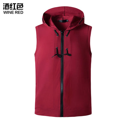 Men Slim Zippers Sleeveless Drawstring Hoody T-Shirt