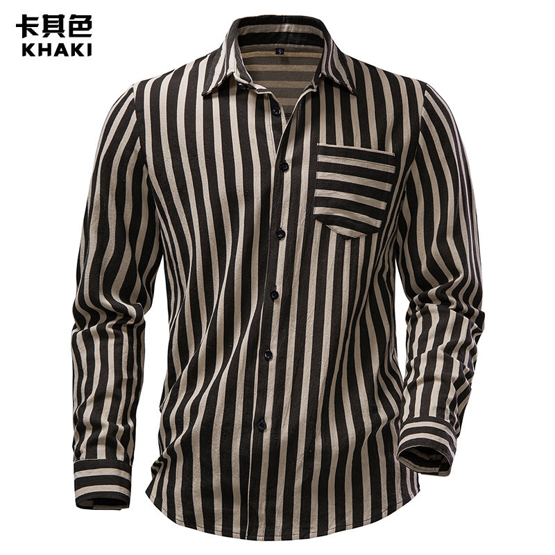 Men Turnover Collar Pockets Stripes Long Sleeves Shirt