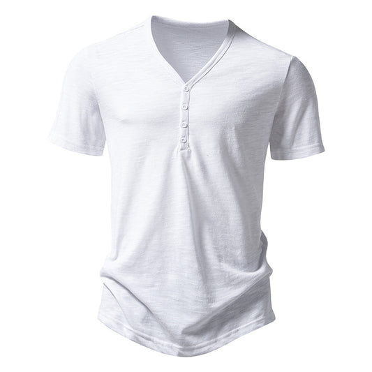 Buttons V-neck Short Sleeves Men T-Shirt