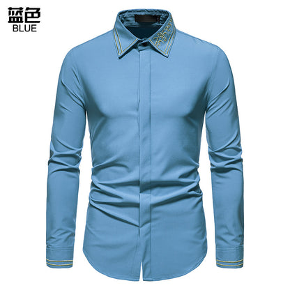 Men Embroidery Turnover Collar Long Sleeves Shirt