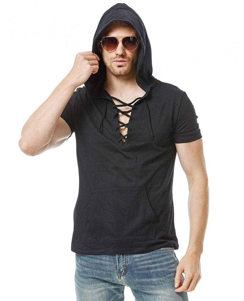 Men Short Sleeves Drawstring Hoody T-Shirt