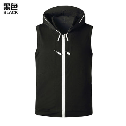 Men Slim Zippers Sleeveless Drawstring Hoody T-Shirt