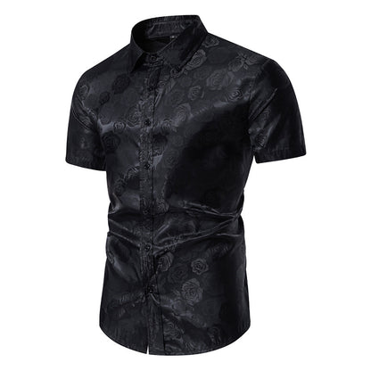 Men Floral Fabric Glossy Turnover Collar Short Sleeves Shirt