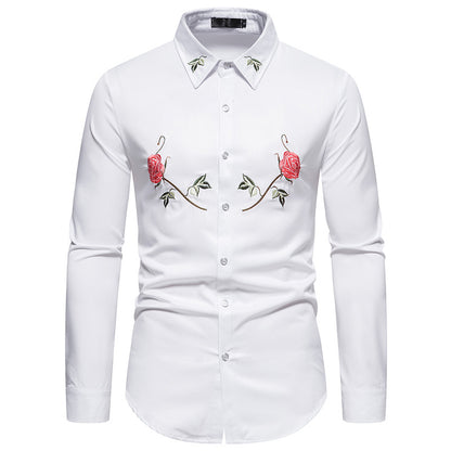 Men Turnover Collar Embroidery Floral Fabric Long Sleeves Shirt