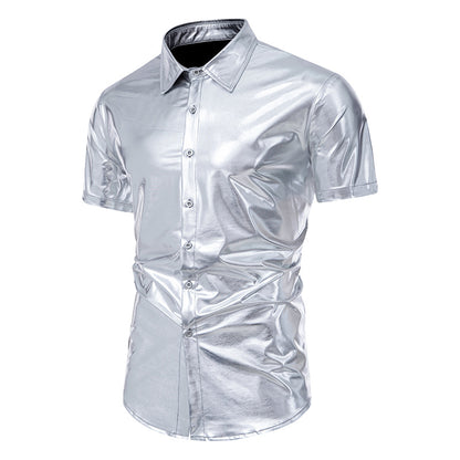 Men Glossy Turnover Collar Short Sleeves Shirt