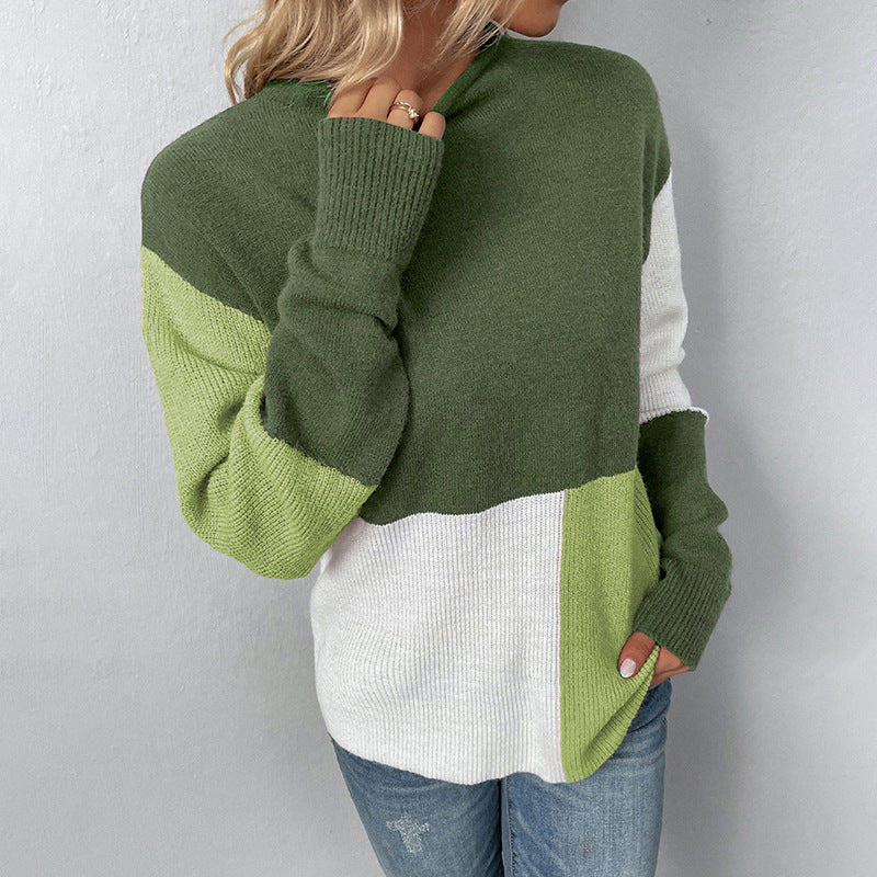 Women Sweaters Kniting Round Collar Pullover Bicolor Color Blocking