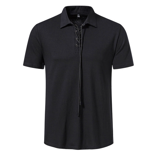 Men Turnover Collar Tied Straps Short Sleeves T-Shirt