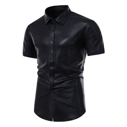 Men Turnover Collar Rhomboid Lattice Glossy Short Sleeves Shirt