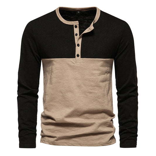 Men Crewneck Buttons Bicolor Long Sleeves T-Shirt