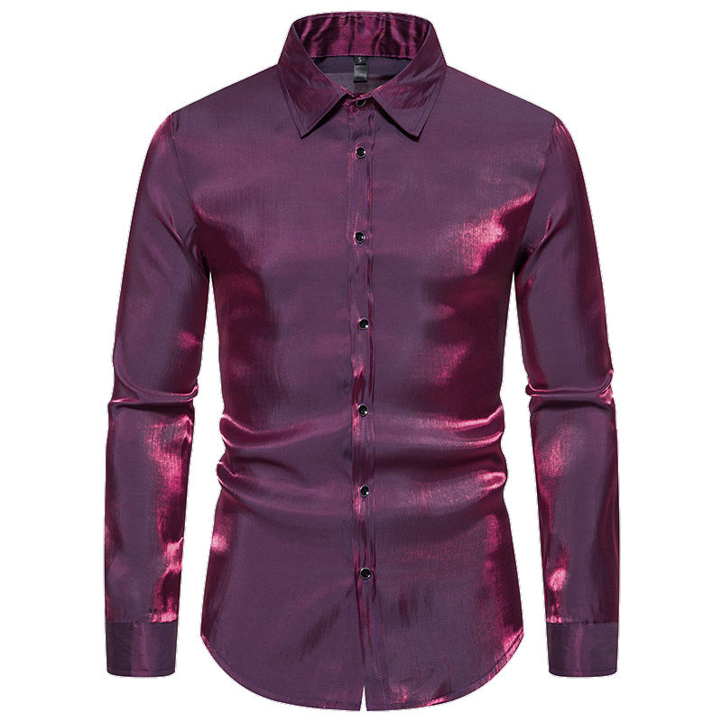 Men Turnover Collar Glossy Long Sleeves Shirt