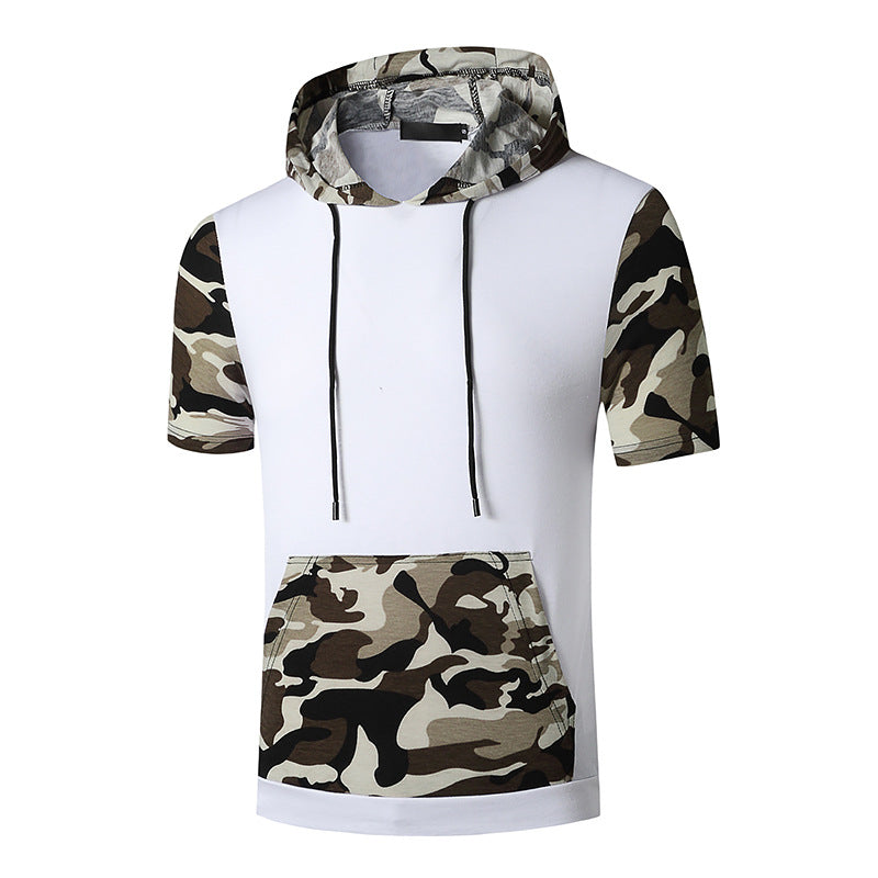 Men Short Sleeves Camo Pockets Drawstring Hoody T-Shirt