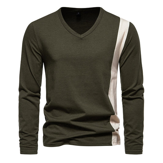 Men British Style V-Neck Bicolor Long Sleeves T-Shirt