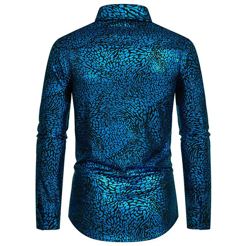 Men Leopard Patterns Glossy Turnover Collar Long Sleeves Shirt