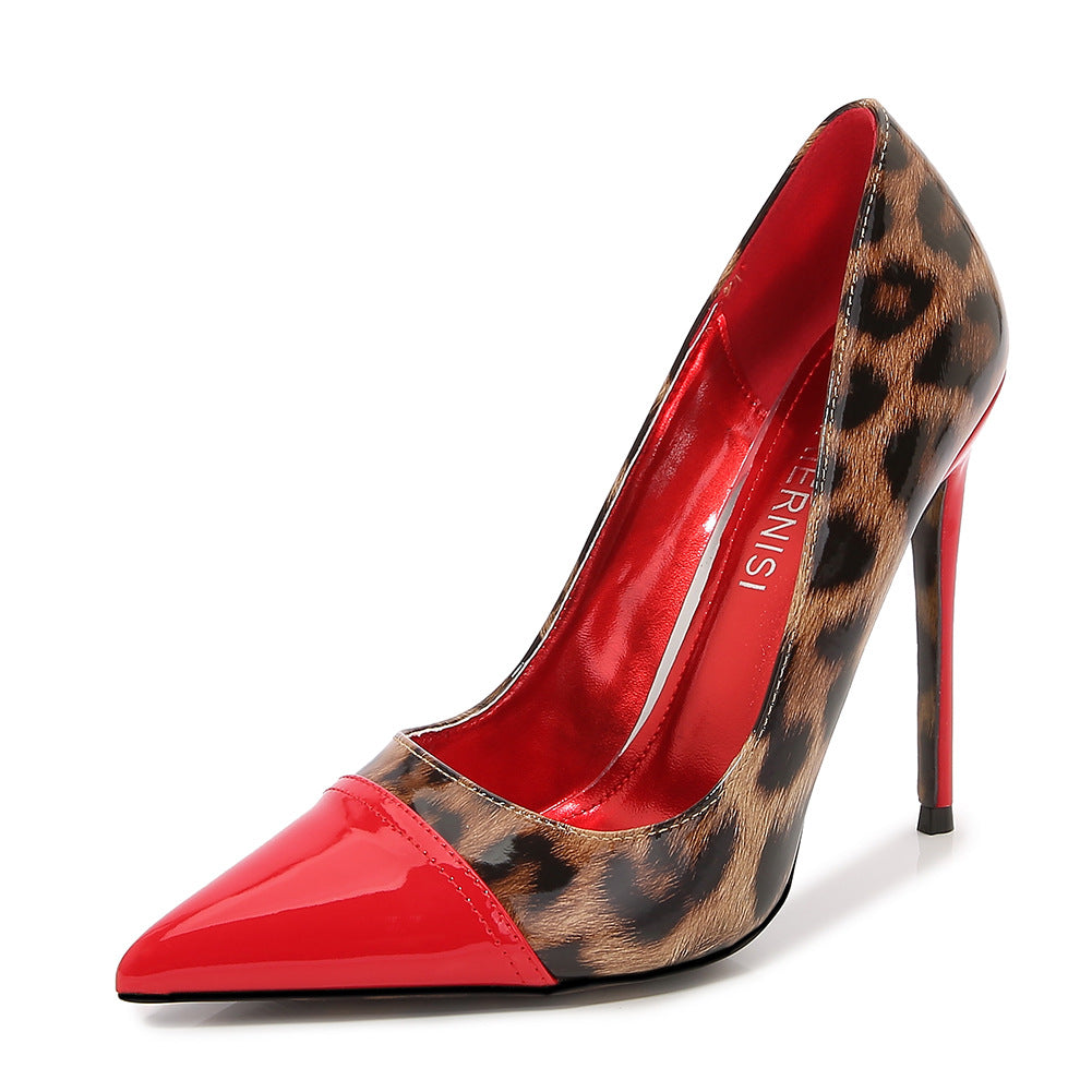 Women's Bicolor Pointed Toe Leopard Print Shallow Stiletto Heel Pumps